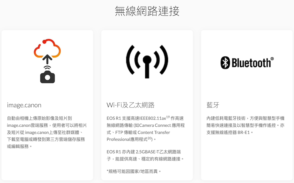 無線網路連接 Bluetooth®image.canon自動由相機上傳原始影像及短片到image.canon雲端服務,使用者可以將相片及短片從image.canon上傳至社群媒體、下載至電腦或轉發到第三方雲端儲存服務或編輯服務Wi-Fi及乙太網路EOS R1 支援高速IEEE802.11ax19 作高速無線網路傳輸 (如Camera Connect 應用程式、FTP傳輸或 Content TransferProfessional應用程式20。EOS R1 亦 2.5GBASE-T乙太網路端子,能提供高速、穩定的有線網路連接。*規格可能國家/地區而異。藍牙內建低耗電藍牙技術,方便與智慧型手機簡易快速連接及以智慧型手機作遙控。亦支援無線遙控器 BR-E1。