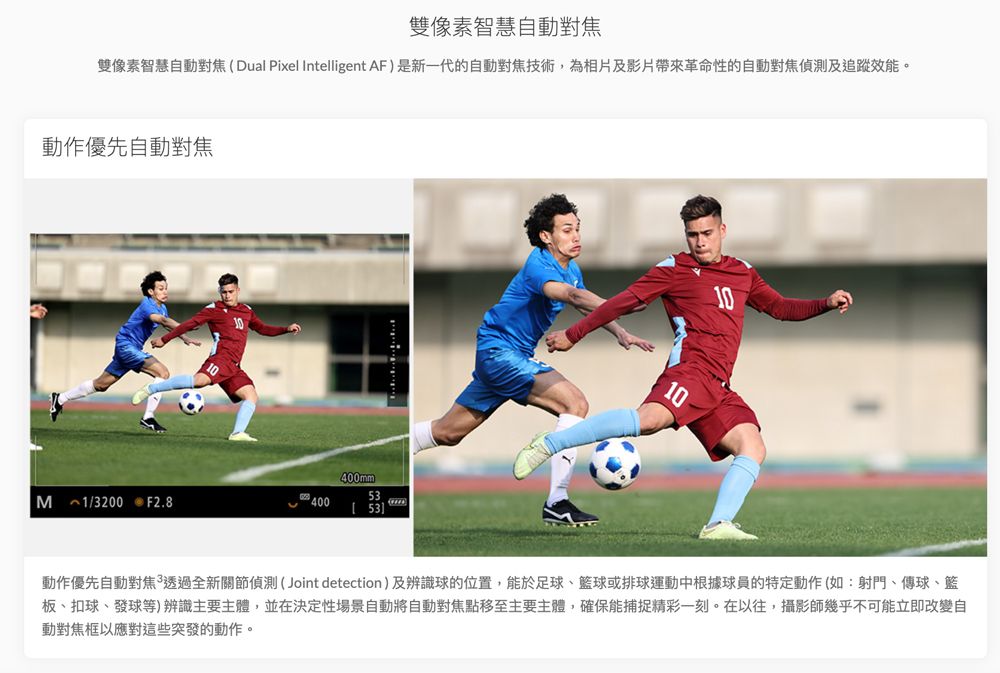 雙像素智慧自動對焦雙像素智慧自動對焦(Dual Pixel Intelligent AF)是新一代的自動對焦技術,為相片及影片帶來革命性的自動對焦偵測及追蹤效能。動作優先自動對焦5M~1/3200 F2.8400 [53]10動作優先自動對焦3透過全新關節偵測(Joint detection)及辨識球的位置,能於足球、籃球或排球運動中根據球員的特定動作(如:射門、傳球、籃板、扣球、發球等)辨識主要主體,並在決定性場景自動將自動對焦點移至主要主體,確保能捕捉精彩一刻。在以往,攝影師幾乎不可能立即改變自動對焦框以應對這些突發的動作。