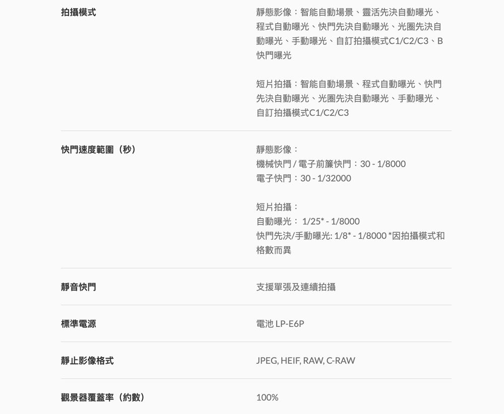 拍攝模式快門速度範圍(秒)靜態影像:智能動場景、靈活先決自動曝光、程式自動曝光、快門先決自動曝光、光圈先決自動曝光、手動曝光、自訂拍攝模式C1/C2/C3、B快門曝光短片拍攝:智能自動場景、程式自動曝光、快門先決自動曝光、光圈先決自動曝光、手動曝光、自訂拍攝模式C1/C2/C3靜態影像:機械快門/電子前簾快門:30-1/8000電子快門:30-1/32000短片拍攝:自動曝光: 1/25*-1/8000快門先決/手動曝光:1/8*-1/8000 *因拍攝模式和格數而異靜音快門支援單張及連續拍攝標準電源靜止影像格式觀景器覆蓋率(約數)電池LP-E6PJPEG, HEIF, RAW,C-RAW100%