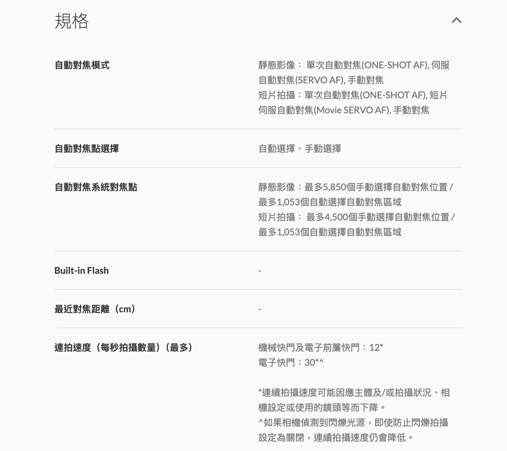 規格自動對焦模式靜態影像:單次自動對焦(ONE-SHOT AF), 伺服自動對焦(SERVO AF),手動對焦自動對焦點選擇短片拍攝:單次自動對焦(ONE-SHOT AF), 短片伺服自動對焦(Movie SERVO AF), 手動對焦自動選擇、手動選擇自動對焦系統對焦點靜態影像:最多5,850個手動選擇自動對焦位置/最多1,053個自動選擇自動對焦區域短片拍攝:最多4,500個手動選擇自動對焦位置/最多1,053個自動選擇自動對焦區域Built-in Flash最近對焦距離(cm)連拍速度(每秒拍攝數量)(最多)機械快門及電子前簾快門:12*電子快門:30**連續拍攝速度可能因應主體及/或拍攝狀況、相機設定或使用的鏡頭等而下降。^如果相機偵測到閃爍光源,即使防止閃爍拍攝設定為關閉,連續拍攝速度仍會降低。