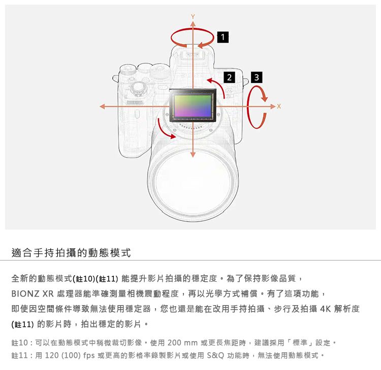 123適合手持拍攝的動態模式全新的動態模式(註10)(註11) 能提升影片拍攝的穩定度為了保持影像品質,BIONZ XR 處理器能準確測量相機震動程度,再以光學方式補償。有了這項功能,即使因空間條件導致無法使用穩定器,您也還是能在改用手持拍攝步行及拍攝4K解析度(註11)的影片時,拍出穩定的影片。註10:可以在動態模式中稍微裁切影像。使用200mm或更長焦距時,建議採用「標準」設定。註11:用120 (100) fps 或更高的影格率錄製影片或使用S&Q功能時,無法使用動態模式。