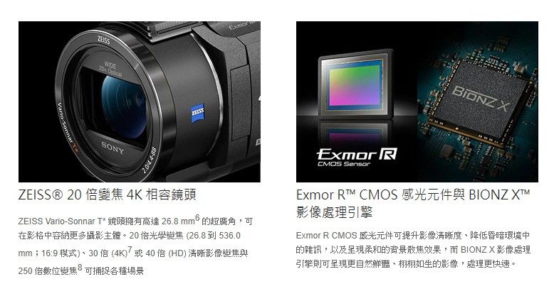 SONYZEISS® 20 倍變焦 4K 相容鏡頭ZEISS Vario-Sonnar T* 鏡頭擁有高達 26.8 mm6 的超廣角,可在影格中容納更多攝影主體。20倍光學變焦(26.8到536.0mm;16:9 模式)、30倍(4K)或40倍(HD) 清晰影像變焦與250 倍數位變焦可捕捉各種場景Exmor RCMOS Sensor XExmor RT CMOS 感光與 BIONZ XTM影像處理引擎Exmor R CMOS 感光元件可提升影像清晰度、降低昏暗環境中的雜訊,以及呈現柔和的背景散焦效果,而BIONZ X影像處理引擎則可呈現更自然、栩栩如生的影像,處理更快速。