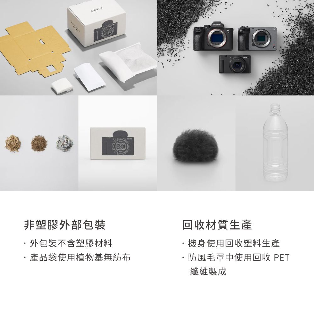 SONY非塑膠外部包裝外包裝不含塑膠材料產品袋使用植物基無紡布回收材質生產·機身使用回收塑料生產·防風毛罩中使用回收 PET纖維製成