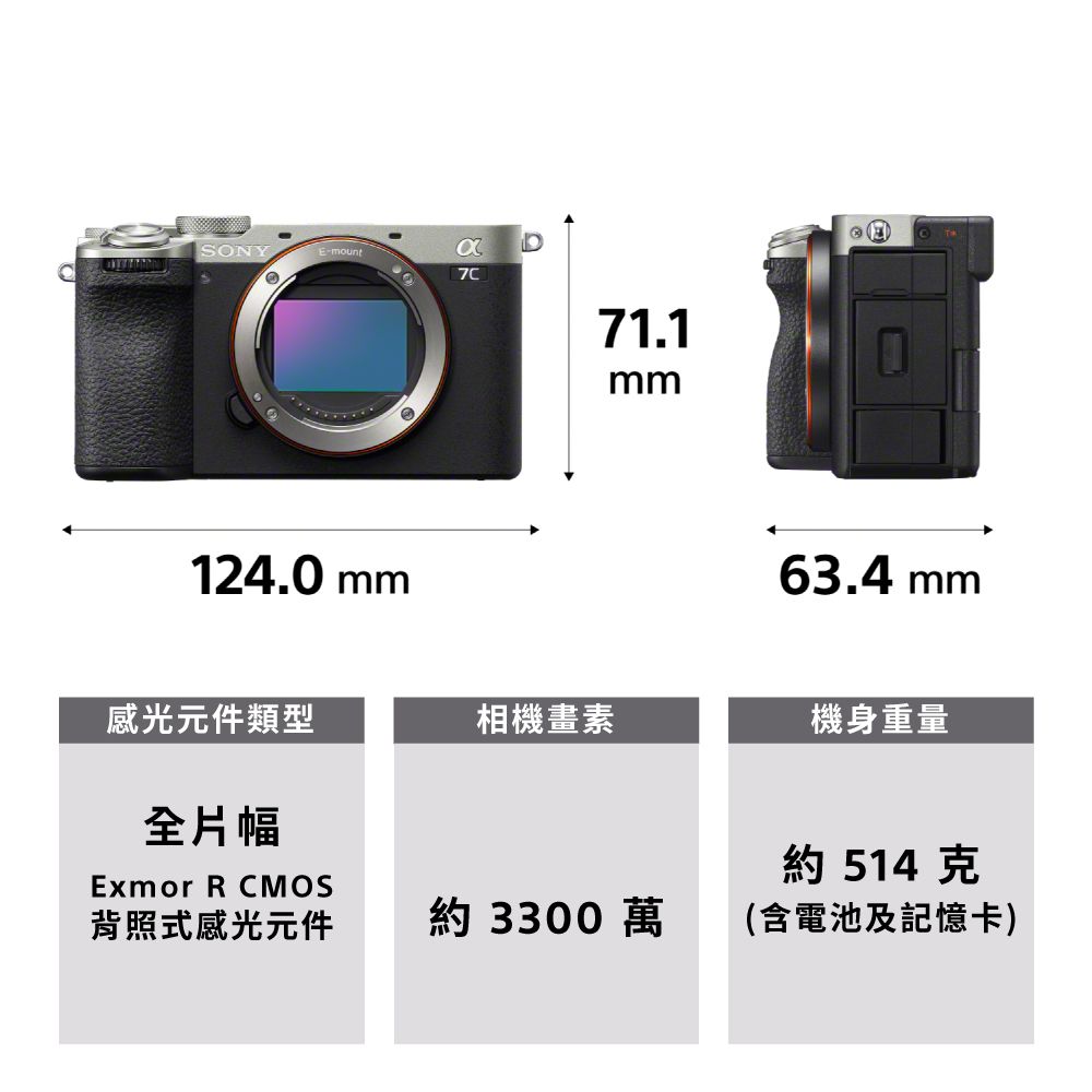SONYE-mount124.0 mm71.1mm 63.4 mm感光元件類型相機畫素機身重量全片幅Exmor R CMOS背照式感光元件約 3300 萬約 514克(含電池及記憶卡)