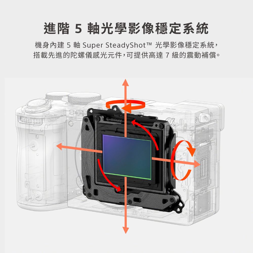 進階 5 軸光學影像穩定系統機身內建 5 軸 Super SteadyShot 光學影像穩定系統,搭載先進的陀螺儀感光元件,可提供高達7級的震動補償。mount