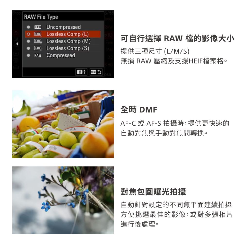 hoot File Type UncompressedRAW Lossless Comp (LRAW Lossless Comp (M)RAW Lossless Comp (S)RAW CompressedMENU13/56 (L)可自行選擇 RAW 的影像大小提供三種尺寸 (L/M/S)無損 RAW 壓縮及支援HEIF檔案。全時 DMFAF-C或AF-S拍攝時,提供更快速的自動對焦與手動對焦間轉換。對焦包圍曝光拍攝自動針對設定的不同焦平面連續拍攝方便挑選最佳的影像,或對多張相片進行後處理。