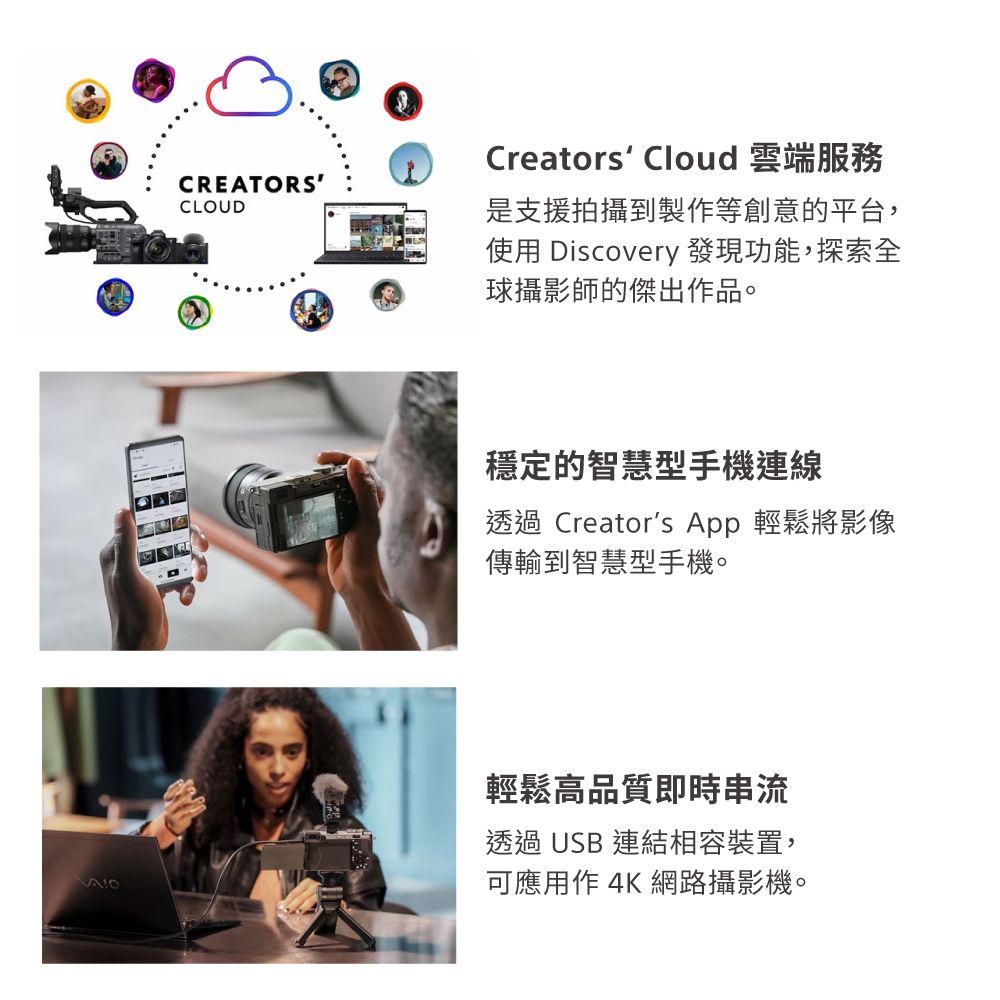 CREATORSCLOUDCreators Cloud 雲端服務是支援拍攝到製作等創意的平台,使用 Discovery 發現功能,探索全球攝影師的傑出作品。穩定的智慧型手機連線透過 Creators App 輕鬆將影像傳輸到智慧型手機。輕鬆高品質即時串流透過 USB 連結相容裝置,可應用作 4K 網路攝影機。