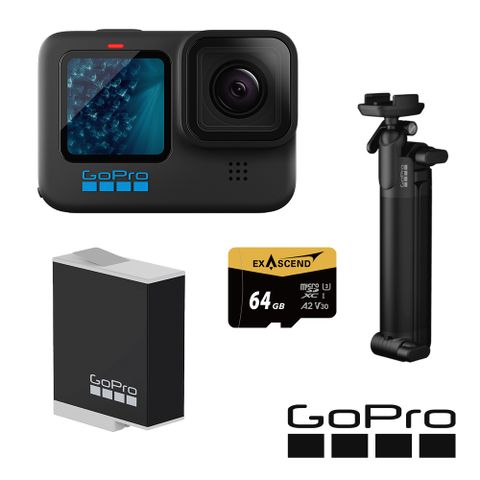 GoPro HERO11 Black 三向輕裝套組 (HERO11單機+三向多功能自拍桿2.0+Enduro原廠電池+64G記憶卡) 公司貨