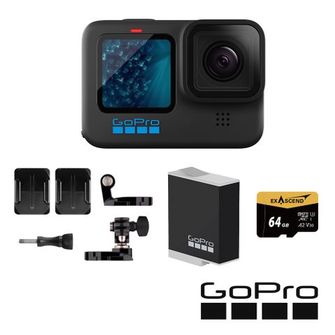 GoPro HERO11 Black 機車族原電套組 (HERO11單機+安全帽前置+側邊固定座+Enduro原廠充電電池+64G記憶卡) 公司貨