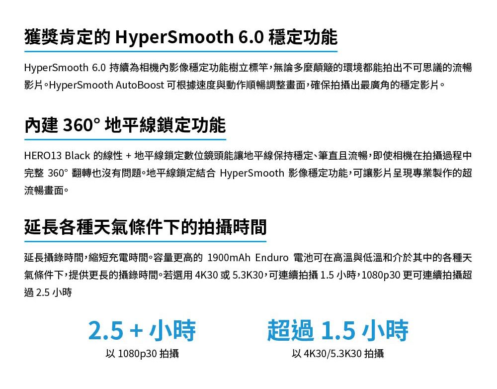 獲獎肯定的 HyperSmooth 6.0 穩定功能HyperSmooth 6.0 持續為相機內影像穩定功能樹立標竿,無論多麼顛簸的環境都能拍出不可思議的流暢影片。HyperSmooth AutoBoost 可根據速度與動作順暢調整畫面,確保拍攝出最廣角的穩定影片。內建360°地平線鎖定功能HERO13 Black 的線性+地平線鎖定數位鏡頭能讓地平線保持穩定、筆直且流暢,即使相機在拍攝過程中完整 360°翻轉也沒有問題。地平線鎖定結合 HyperSmooth 影像穩定功能,可讓影片呈現專業製作的超流暢畫面。延長各種天氣條件下的拍攝時間延長攝錄時間,縮短充電時間。容量更高的 1900mAh Enduro 電池可在高溫與低溫和介於其中的各種天氣條件下,提供更長的攝錄時間。若選用4K30或5.3K30,可連續拍攝1.5小時,1080p30 更可連續拍攝超過2.5小時2.5 + 小時超過1.5 小時以1080p30拍攝以4K30/5.3K30 拍攝