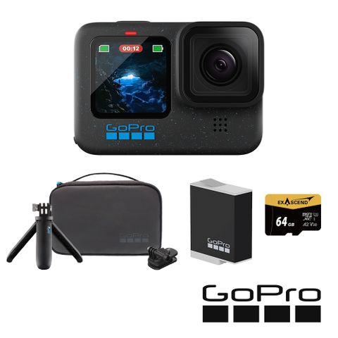 GoPro HERO12 Black 旅遊輕裝套組 (HERO12單機+旅行套件組+Enduro原廠充電電池+64G記憶卡) 公司貨
