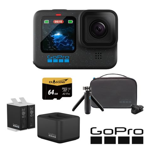 GoPro HERO12 Black 旅遊必備套組 (HERO12單機+旅行套件組+Enduro雙座充+雙電池+64G記憶卡)公司貨