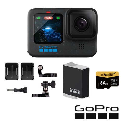 GoPro HERO12 Black 機車族原電套組 (HERO12單機+安全帽前置+側邊固定座+Enduro原廠充電電池+64G記憶卡) 公司貨