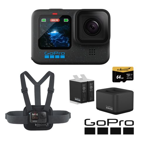 GoPro HERO12 Black 玩樂續航套組 (HERO12單機+胸前綁帶+Enduro雙座充+雙電池+64G記憶卡) 公司貨