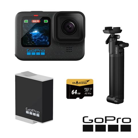 GoPro HERO12 Black 三向輕裝套組 (HERO12單機+三向多功能自拍桿2.0+Enduro原廠電池+64G記憶卡) 公司貨