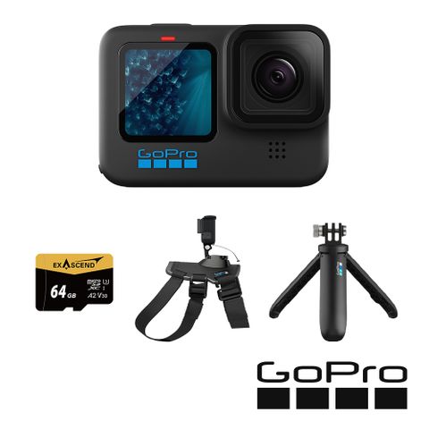 GoPro HERO11 Black 寵物開心跑套組 (HERO11單機+Fetch寵物專用胸背帶+Shorty迷你延長桿+腳架+64G記憶卡) 公司貨