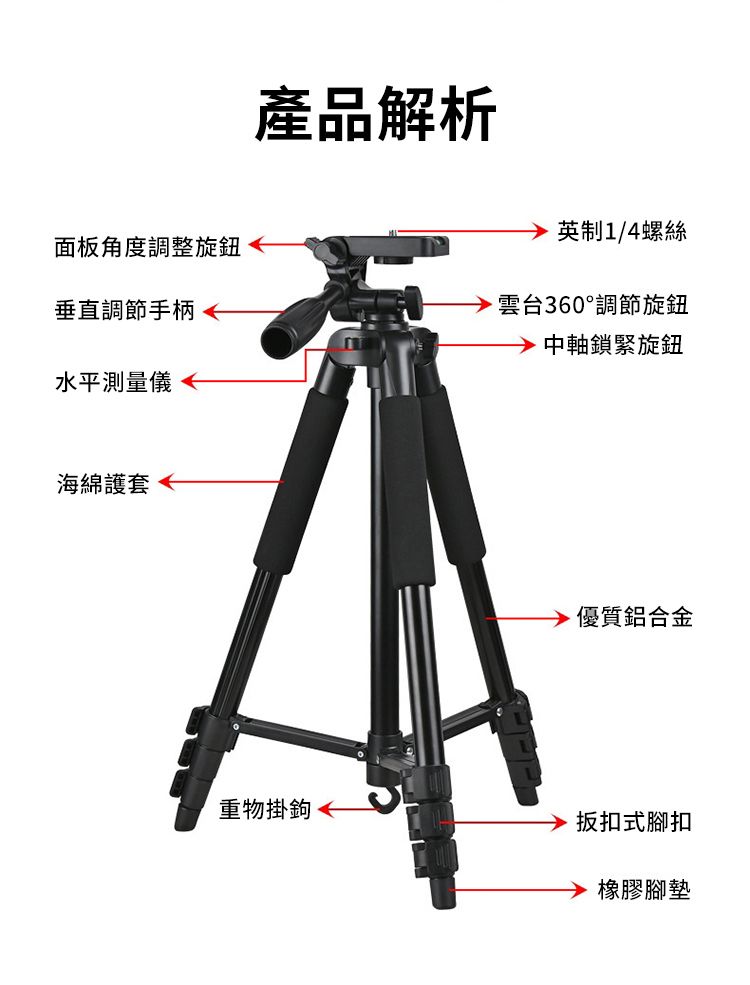 產品解析面板角度調整旋鈕垂直調節手柄水平測量儀 1/4螺絲雲台360°調節旋鈕中軸鎖緊旋鈕海綿護套重物掛鉤優質鋁合金 扣式腳扣橡膠腳墊