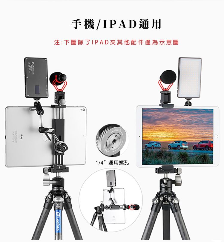手機/IPAD通用注:下圖除了IPAD其他配件僅為示意圖Pad1/4”通用螺孔  Leofoto