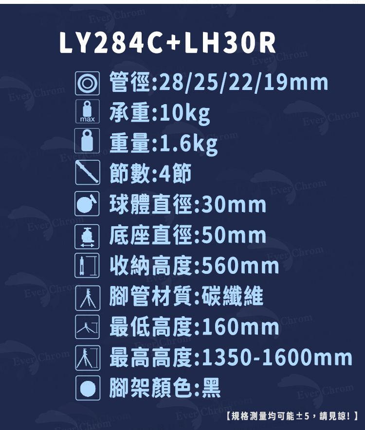 承重0kg ChLY284C+LH30R 28/25/22/19mm 重量1.6kgEver Chrom節數:4節Ever ChromEver ChroEver Chrom球體直徑:30mm1:50mmEver ChromEver Chrom收納高度:560mm 腳管材質:碳纖維 最低高度:160mmChrom:1350-1600mm腳架顏色:黑Chrom romEver ChromEver Chrom【規格測量均可能5,請見諒!】