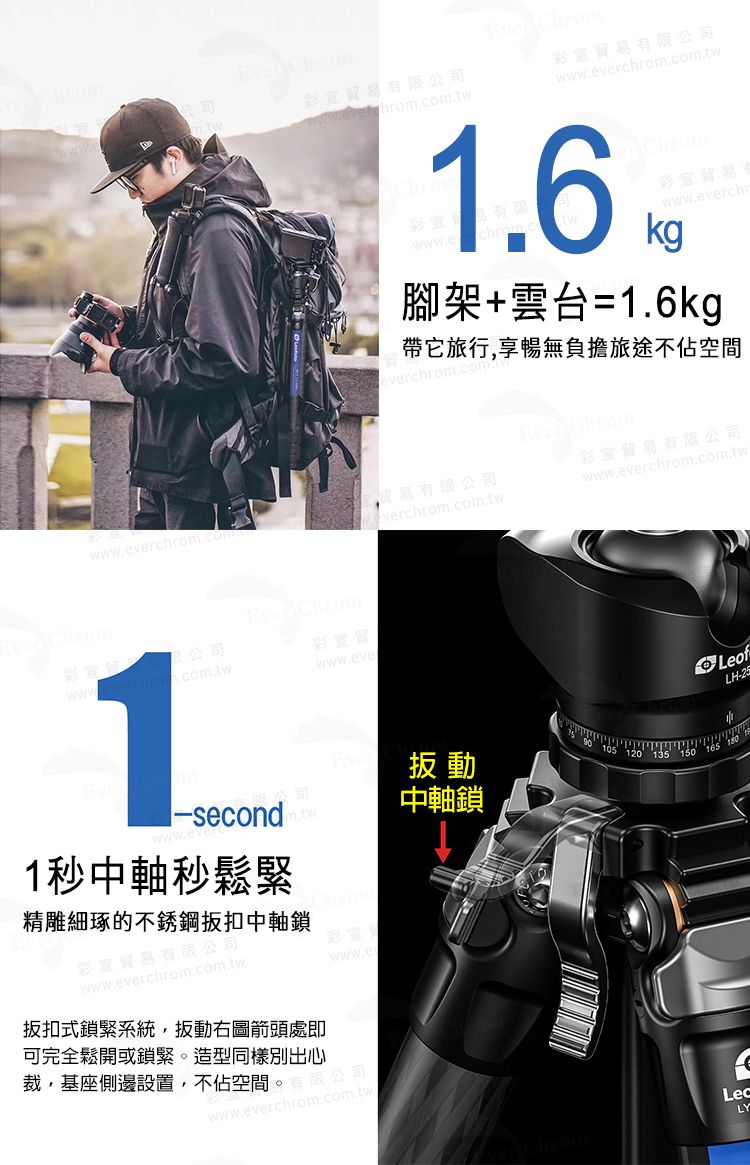 vchrom.com 貿易貿易有限公司www.everchrom.coChroer Chrom貿易?www.e/www.everch腳架+雲台=1.6kg它旅行,享暢無負擔旅途不佔空間Severchrom.comEver Chrom貿易有限公司verchrom.com.twEver Chrom彩宣有限公司1Ever Chrom彩www.eve-second扳動公司m.tw中軸鎖1秒中軸秒鬆緊精雕細琢的不銹鋼扳扣中軸鎖彩宣貿易有限公司www.everchrom.com.tw扳扣式鎖緊系統,扳動右圖箭頭處即可完全鬆開或鎖緊。造型同樣別出心www.ey裁,基座側邊設置,不佔空間。司www.everchrom.com.tw彩貿易有限公司www.everchrom.com.twLeofLH-25   135ChromLecLY