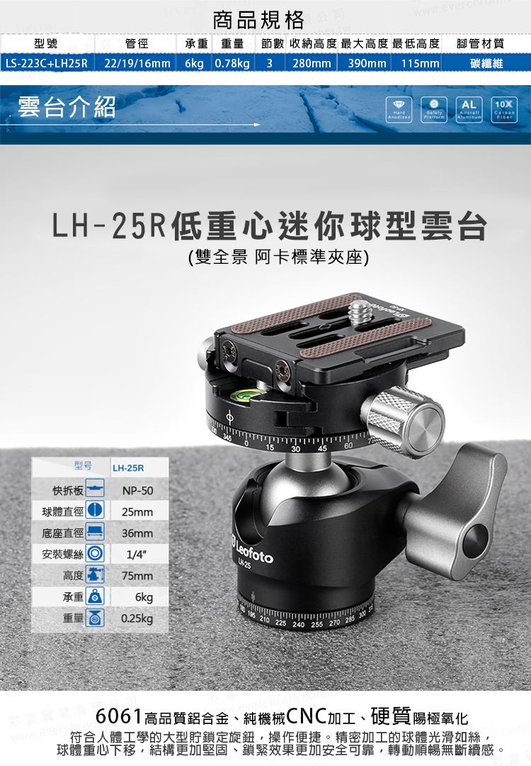 Leofoto徠圖LS223C+LH25R碳纖維3節三腳架[含雲台] - PChome 24h購物