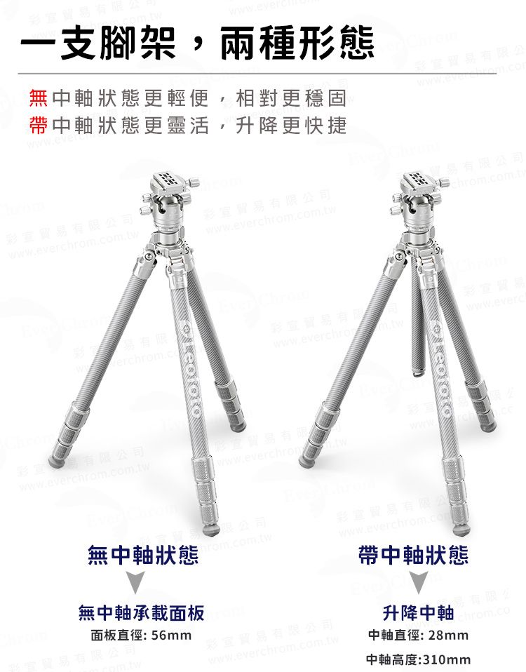 彩貿有一支腳架兩種形態無中軸狀態更輕便,相對更穩固帶中軸狀態更靈活,升降更快捷wwwever有限公彩宣贸易有限公司wwwever彩貿易有限公司wwweverchrom.com.tw貿易有限公司chrom.comuty易有限彩貿易wwerchrom.cowww.everchrom.twwww.everc易有限公司www.everchrom.com.tw.www.everchtronwww.彩贸易有限公司無中軸狀態chrom.com.tw.無中軸承載面板面板直徑:56mm贸易有限公司彩貿易有限公司www.everchrom.com.twwww.everchrom.com帶中軸狀態易有限公升降中軸chrom.co中軸直徑:28mm中軸高度:310mm
