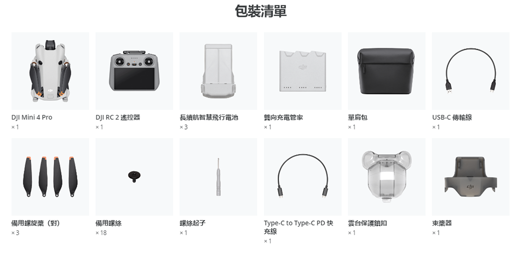 包裝清單USB-C 傳輸線DJI Mini 4 ProDJI RC 2 遙控器長續航智慧飛行電池雙向充電管家單肩包備用螺旋(對)備用螺絲螺絲起子18Type-C to Type-C PD快充線雲台保護鎖扣槳器 1