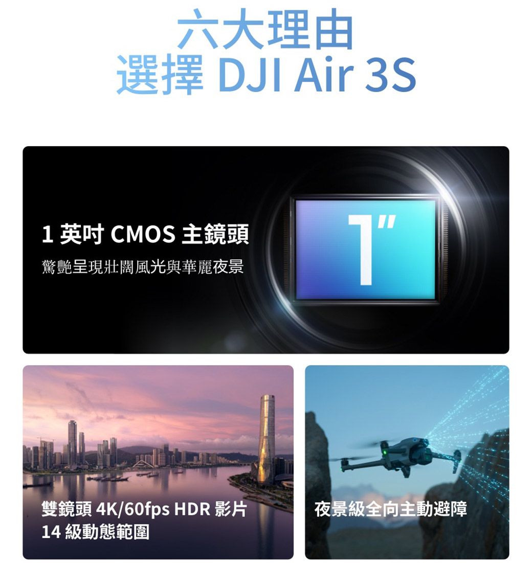 六大理由選擇 DJI Air 3S 英吋 CMOS 主鏡頭驚艷呈現壯闊風光與華麗夜景1雙鏡頭 4K/60fps HDR 影片夜景級全向主動避障14 級動態範圍