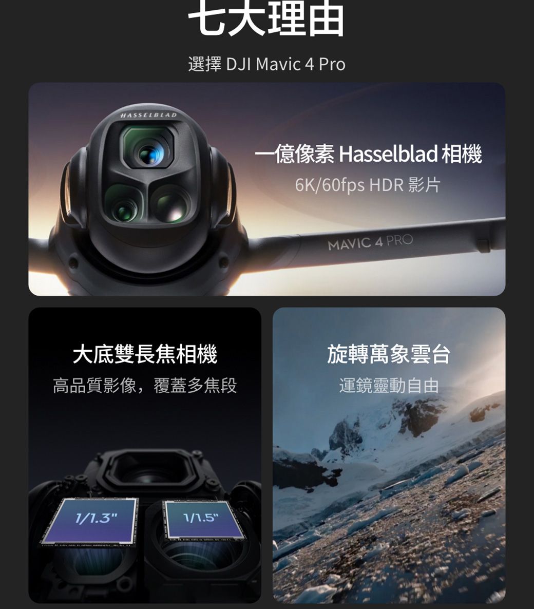 HASSELBLAD七大理由選擇 DJI Mavic 4 Pro像素 Hasselblad 相機6K/60fps HDR 影片MAVIC 4 PRO大底雙長焦相機旋轉萬象雲台高品質影像,覆蓋多焦段運鏡靈動自由1/1.31/1.5