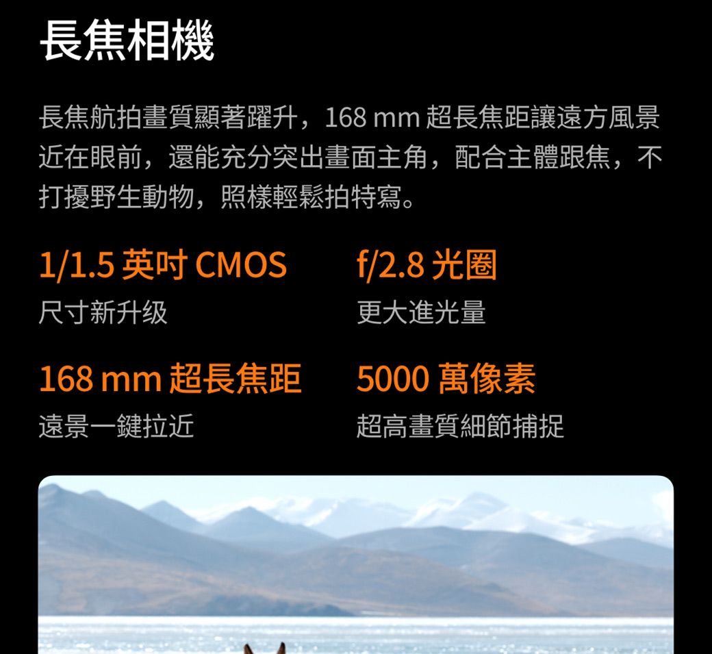 長焦相機長焦航拍畫質顯著躍升,168mm 超長焦距讓遠方風景近在眼前,還能充分突出畫面主角,配合主體跟焦,不打擾野生動物,照樣輕鬆拍特寫。1/1.5  CMOS尺寸新升级168mm 超長焦距遠景一鍵拉近f/2.8 光圈更大進光量5000 萬像素超高畫質細節捕捉