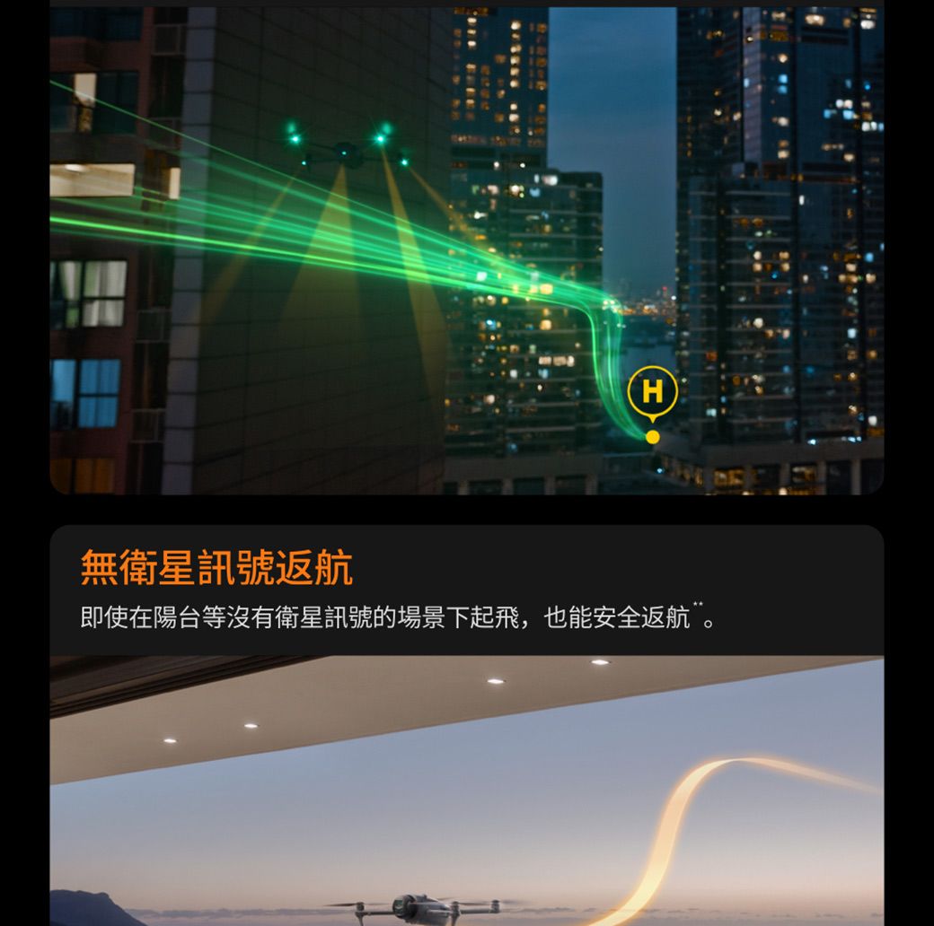 無衛星訊號返航H即使在陽台等沒有衛星訊號的場景下起飛,也能安全返航”。