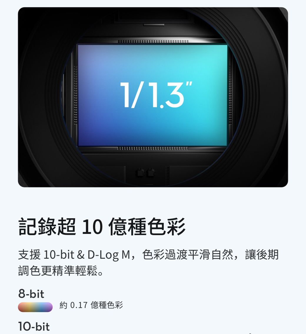 1/1.3記錄  億種色彩支援 10-bit &amp; D-Log M,色彩過渡平滑自然,讓後期調色更精準輕鬆。8-bit約 0.17 億種色彩10-bit