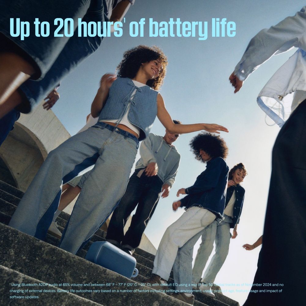 Up to 20 hours  battery lifeUsing Bluetooth A2DP audio at 65% volume and between 68 F77 F (20 25 C) with default  using a mix of Top 50  tracks as of November 2024 and nocharging of external devices Battery life outcomes vary based on a number of factors including settings environment usa, product age, feature sage and impact ofsoftware updates.