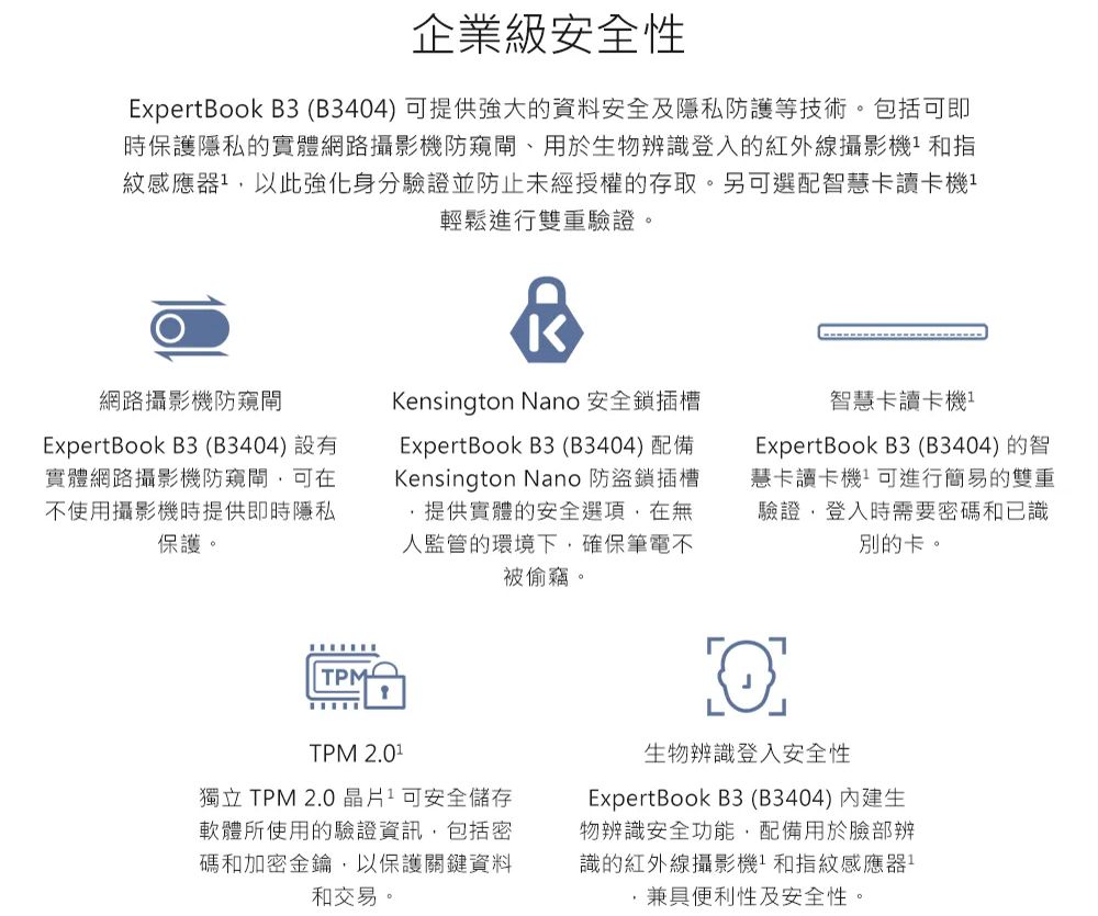 企業級安全性ExpertBook B3 (B3404)可提供強大的資料安全及隱私防護等技術。包括可即時保護隱私的實體網路攝影機防窺閘、用於生物辨識登入的紅外線攝影機和指紋感應器以此強化身份驗證並防止未經授權的存取。另可選配智慧卡讀卡機輕鬆進行雙重驗證。網路攝影機防窺閘ExpertBook B3(B3404)設有實體網路攝影機防窺閘可在不使用攝影機時提供即時隱私保護。Kensington Nano 安全鎖插槽ExpertBook B3 (B3404) 配備Kensington Nano 防盜鎖插槽提供實體的安全選項在無人監管的環境下,確保筆電不被偷竊。智慧卡讀卡機ExpertBook B3 (B3404)的智慧卡讀卡機可進行簡易的雙重驗證,登入時需要密碼和已識別的卡。TPMTPM 獨立 TPM 2.0晶片可安全儲存軟體所使用的驗證資訊,包括密碼和加密金鑰,以保護關鍵資料和交易。生物辨識登入安全性ExpertBook B3(B3404) 生物辨識安全功能,配備用於臉部辨識的紅外線攝影機和指紋感應器兼具便利性及安全性。