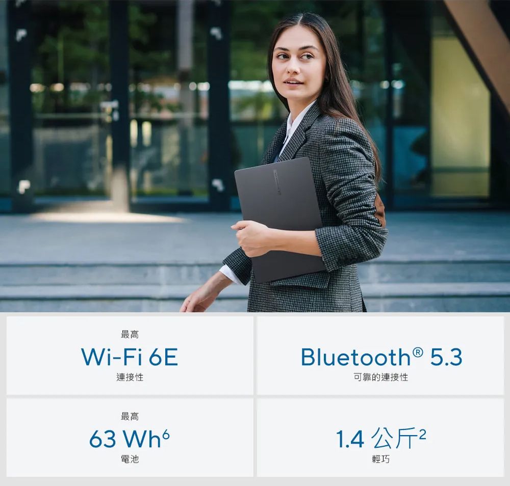 最高Wi-Fi 6E連接性Bluetooth ® 5.3可靠的連接性最高63 電池1.4 公斤2輕巧