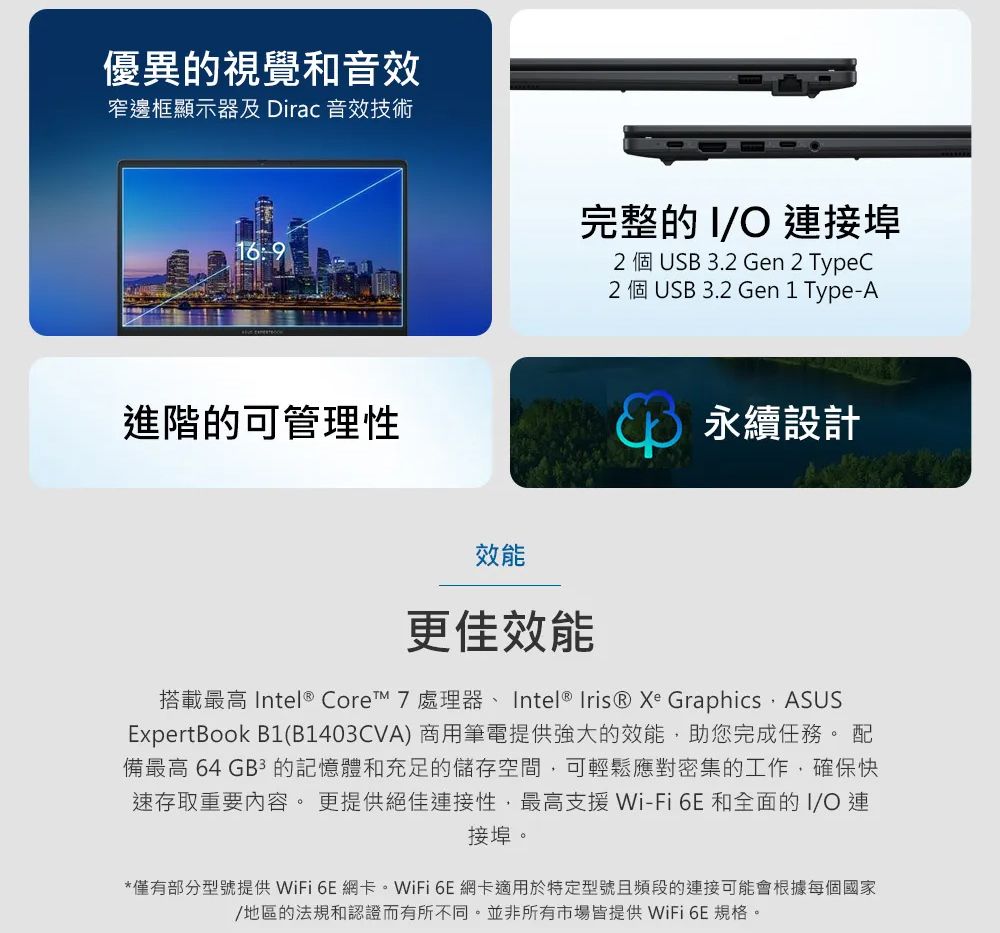 優異的視覺和音效窄邊框顯示器及Dirac 音效技術169進階的可管理性完整的I/O 連接埠2 個 USB 3.2 Gen 2 TypeC2 個 USB 3.2 Gen 1 Type-A永續設計效能更佳效能搭載最高 Intel® Core 7 處理器Intel® Iris® Xe Graphics ASUSExpertBook B1(B1403CVA) 商用筆電提供強大的效能,助您完成任務。 配備最高 64GB 的記憶體和充足的儲存空間,可輕鬆應對密集的工作,確保快速存取重要内容。更提供絕佳連接性,最高支援Wi-Fi 6E和全面的I/O連接埠。*僅有部分型號提供 WiFi 6E網卡。WiFi 6E網卡適用於特定型號且頻段的連接可能會根據每個國家/地區的法規和認證而有所不同。並非所有市場皆提供 WiFi 6E規格。
