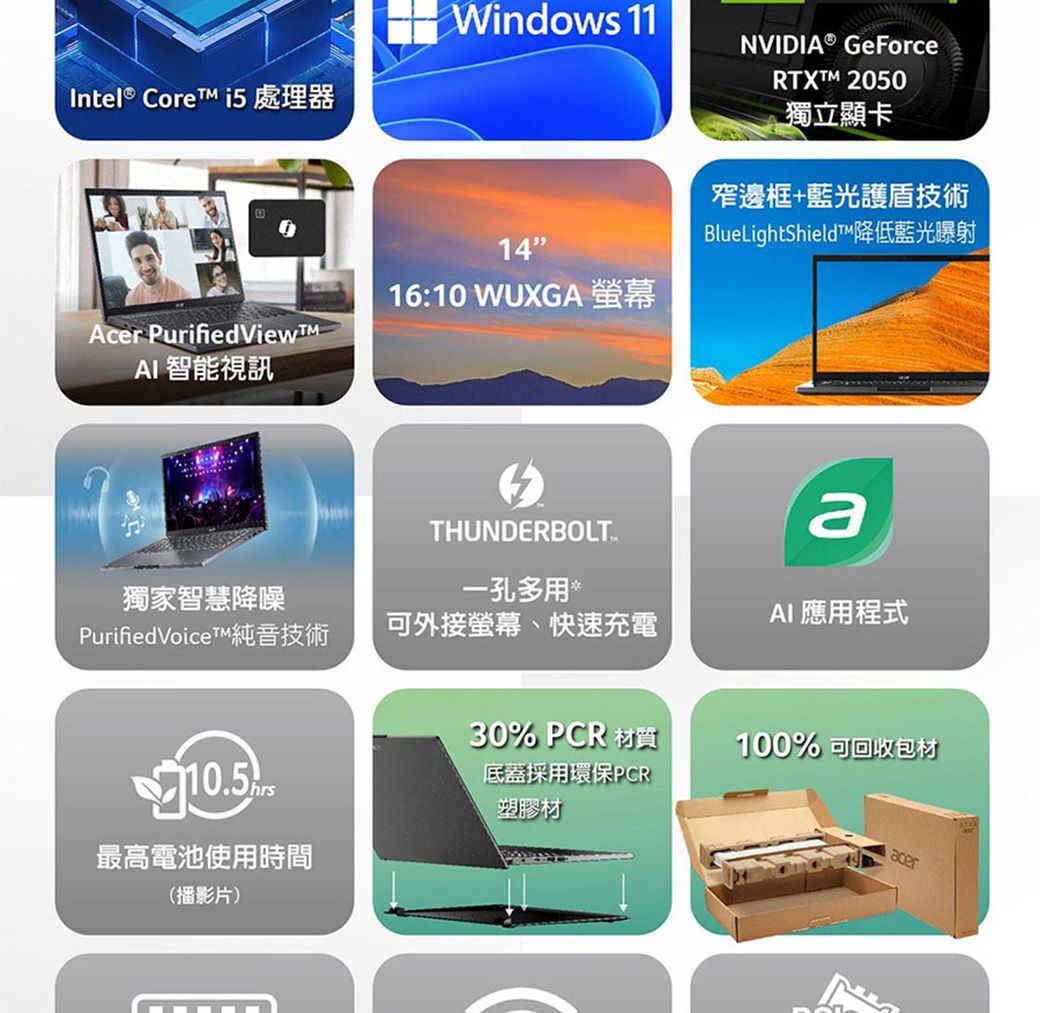 Intel® Core  處理器Acer PurifiedViewTMAI 智能視訊 Windows 111416:10 WUXGA 螢幕NVIDIA® GeForceRTXTM 2050獨立顯卡窄邊框+藍光護盾技術BlueLightShield降低藍光曝射THUNDERBOLT獨家智慧降噪孔多用PurifiedVoiceT™純音技術可外接螢幕、快速充電最高電池使用時間(播影片)AI 應用程式30% PCR 材質底蓋採用環保PCR100% 可回收包材塑膠材acer