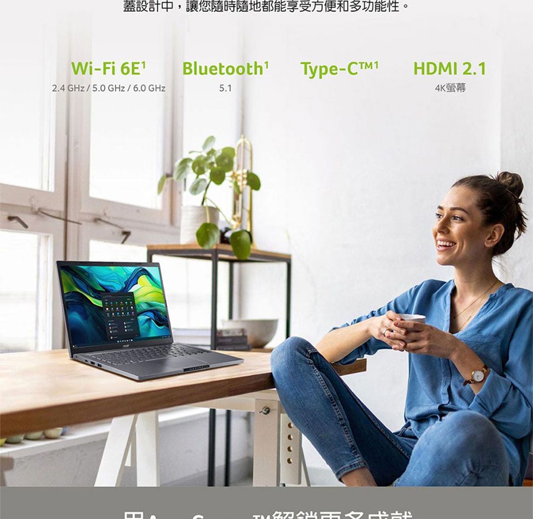 蓋設計中,讓您隨時隨地都能享受方便和多功能性。Wi-Fi 6E1 Bluetooth¹ Type-2.4GHz/5.0GHz/6.0GHz5.1HDMI 2.14K螢幕