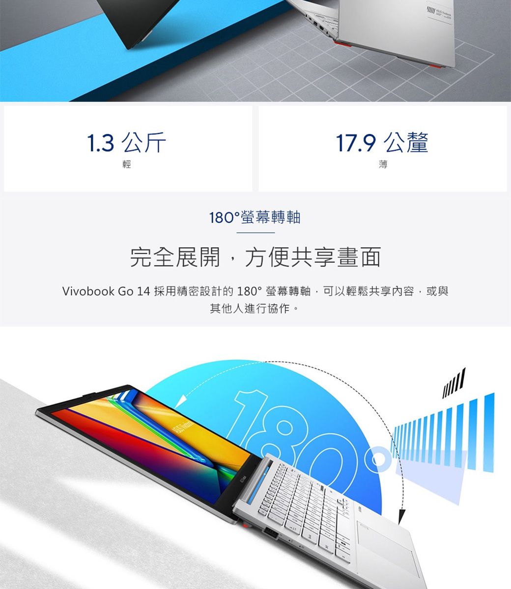1.3 公斤輕17.9 公釐薄°螢幕轉軸完全展開,方便共享畫面Vivobook Go 14採用精密設計的180°螢幕轉軸,可以輕鬆共享內容,或與其他人進行協作。180
