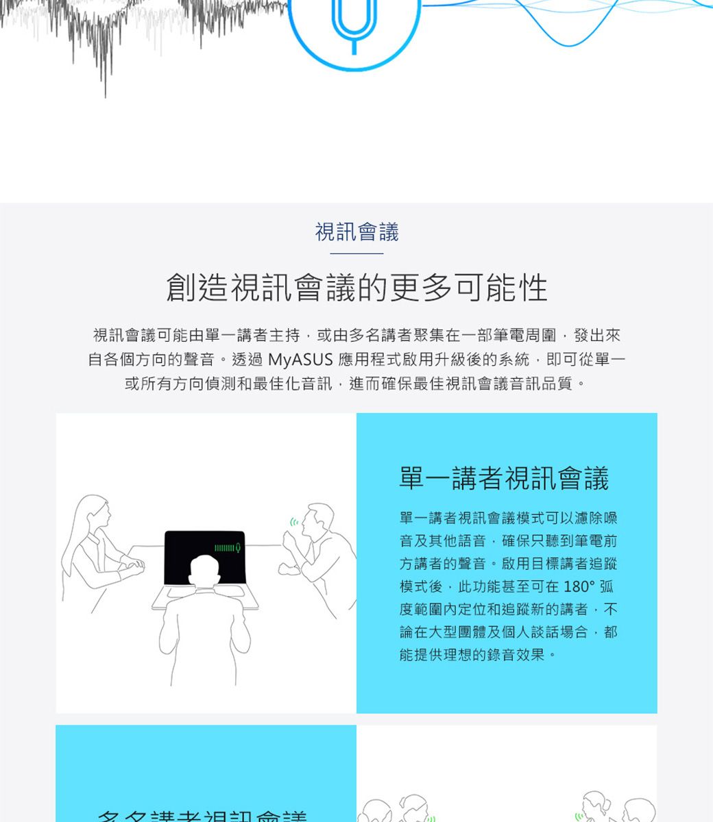 視訊會議創造視訊會議的更多可能性視訊會議可能由單一講者主持或由多名講者聚集在一部筆電周圍發出來自各個方向的聲音。透過MyASUS 應用程式啟用升級後的系統即可從單一或所有方向偵測和最佳化音訊,進而確保最佳視訊會議音訊品質。夕夕單一講者視訊會議單一講者視訊會議模式可以濾除噪音及其他,確保只聽到筆電前方講者的聲音。啟用目標講者追蹤模式後,此功能甚至可在180°弧度範圍定位和追蹤新的講者,不論在大型團體及個人談話場合,能提供理想的錄音效果。