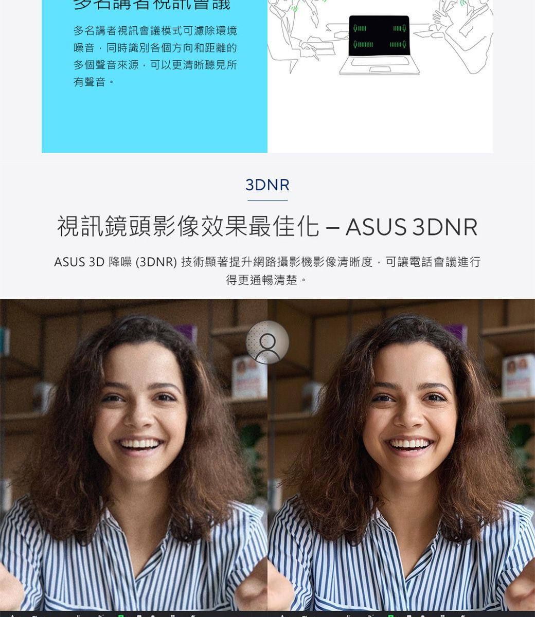 多名講者視訊會議模式可濾除環境噪音同時識別各個方向和距離的多個聲音來源,可以更清晰聽見所有聲音。 3DNR視訊鏡頭影像效果最佳化-ASUS 3DNRASUS 3D 降噪(3DNR)技術顯著提升網路攝影機影像清晰度,可讓電話會議進行得更通暢清楚。