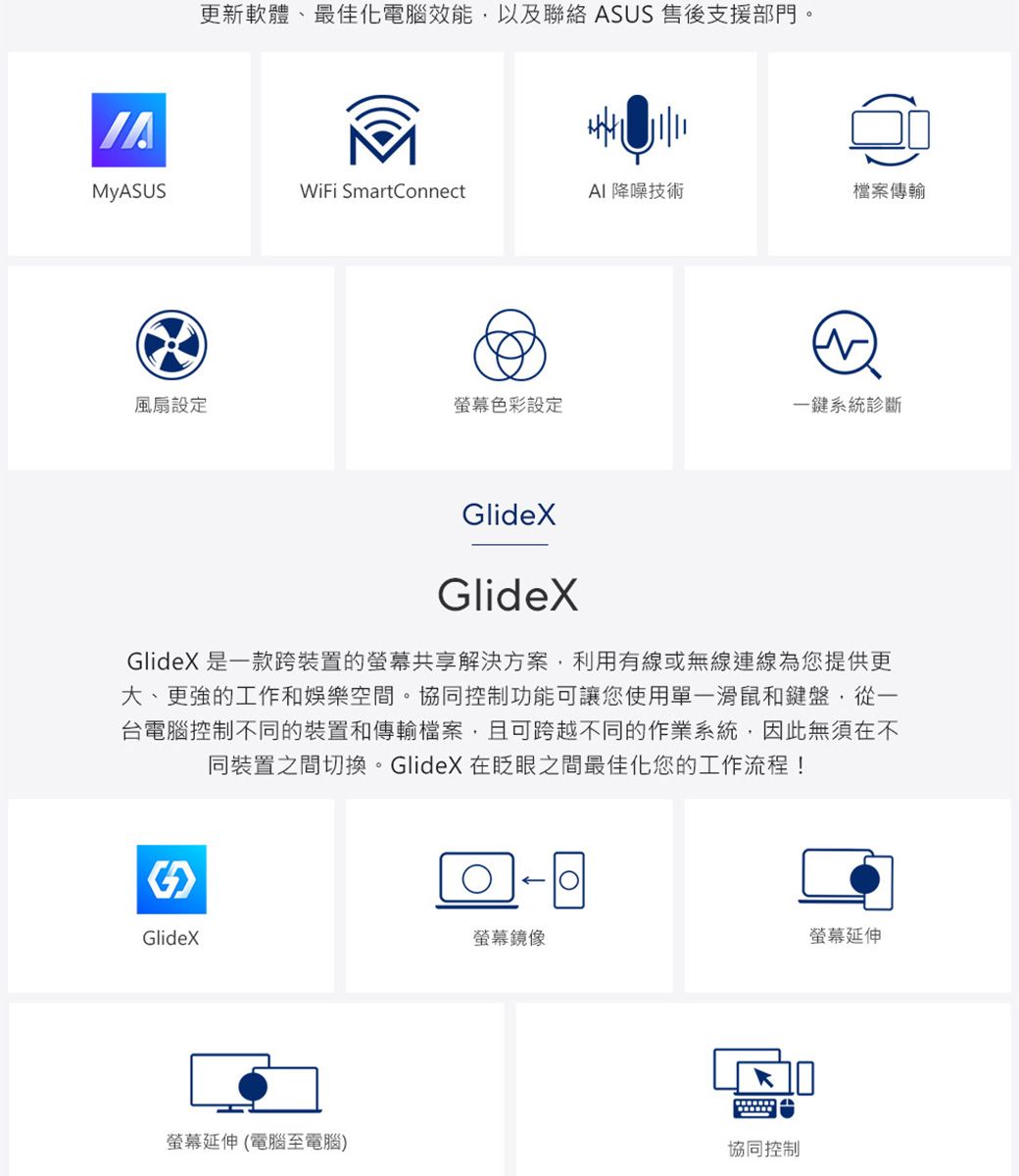 更新軟體、最佳化電腦效能以及聯絡 ASUS 售後支援部門。MyASUSWiFi SmartConnect 降噪技術檔案傳輸風扇設定色彩設定一鍵系統診斷lideXGlideXGlideX 是一款跨裝置的螢幕共享解決方案,利用有線或無線連線為您提供更大、更強的工作和娛樂空間。協同控制功能可讓您使用單一滑鼠和鍵盤,從一台電腦控制不同的裝置和傳輸檔案,且可跨越不同的作業系統,因此無須在不同裝置之間切換。GlideX 在眨眼之間最佳化您的工作流程!GGlideX螢幕鏡像螢幕延伸螢幕延伸(電腦至電腦)協同控制