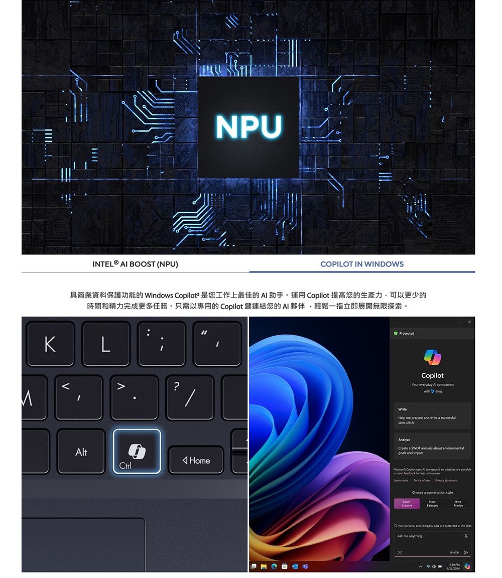 INTEL®  BOST (NPU)NPUCOPILOT IN WINDOWS具商業資料保護功能的 Wdow  是您工作上最佳的AI助手。運用Copilot 提高您的生產力可以更少的時間和精力完成更多任務。只需以專用的 Copilot 鍵連結您的AI 夥伴輕鬆一指立即展開無限探索。KLtCtrl?HomProtectedCopilot everydy  with  e  Help me  nd write a s  a SWOT  about goals and impact Copilot  Al  ,      to      of   Choose a conversation O Your  and   are protected in   me anything