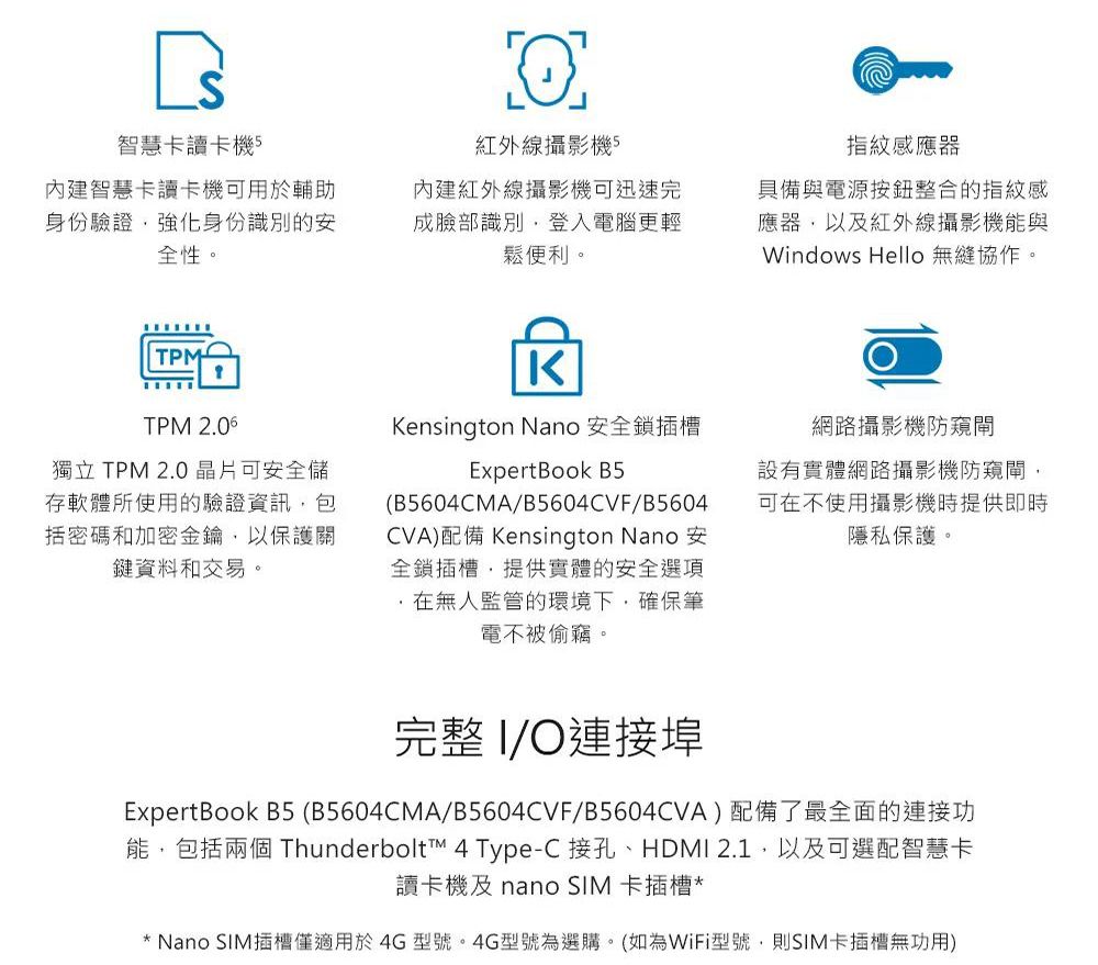 智慧卡讀卡機5內建智慧卡讀卡機可用於輔助身份驗證強化身份識別的安全性。TPMTPM 2.06獨立 TPM 2.0 晶片可安全儲存軟體所使用的驗證資訊包括密碼和加密金鑰以保護關鍵資料和交易。紅外線攝影機5內建紅外線攝影機可迅速完成臉部識別登入電腦更輕鬆便利。指紋感應器具備與電源按鈕整合的指紋感應器以及紅外線攝影機能與Windows Hello 無縫協作。Kensington Nano 安全鎖插槽ExpertBook B5(B5604CMA/B5604CVF/B5604CVA)配備 Kensington Nano 安全鎖插槽提供實體的安全選項,在無人監管的環境下,確保筆電不被偷竊。網路攝影機防窺閘設有實體網路攝影機防窺閘,可在不使用攝影機時提供即時隱私保護。完整 I/O連接埠ExpertBook B5 (B5604CMA/B5604CVF/B5604CVA)配備了最全面的連接功能,包括兩個 Thunderbolt™ 4 Type-C 接孔、HDMI 2.1,以及可選配智慧卡讀卡機及 nano SIM 卡插槽** Nano SIM插槽僅適用於4G型號。4G型號為選購。(如為WiFi型號,則SIM卡插槽無功用)