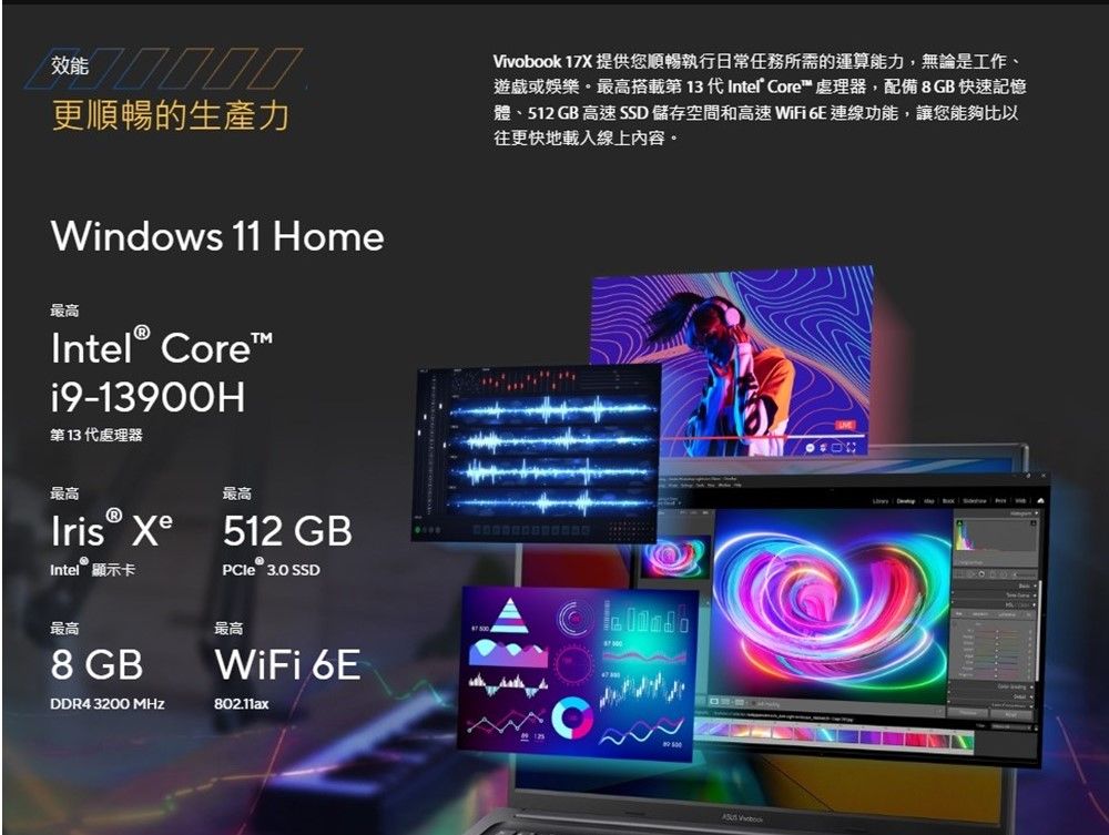 更順暢的生產力Windows 11 Home最高Intel Core™i9-13900H第13代處理器最高最高®Iris XeIntel 顯示卡512 GBPCIe 3.0 SSD最高8 GBDDR4 3200 MHz最高WiFi 802.11axVivobook 17X 提供您順暢執行日常任務所需的運算能力,無論是工作、遊戲或娛樂。最高搭載第13 代Intel Core™ 處理器,配備8GB快速記憶體、512 GB 高速SSD 儲存空間和高速 WiFi 6E 連線功能,讓您能夠比以往更快地載入線上內容。