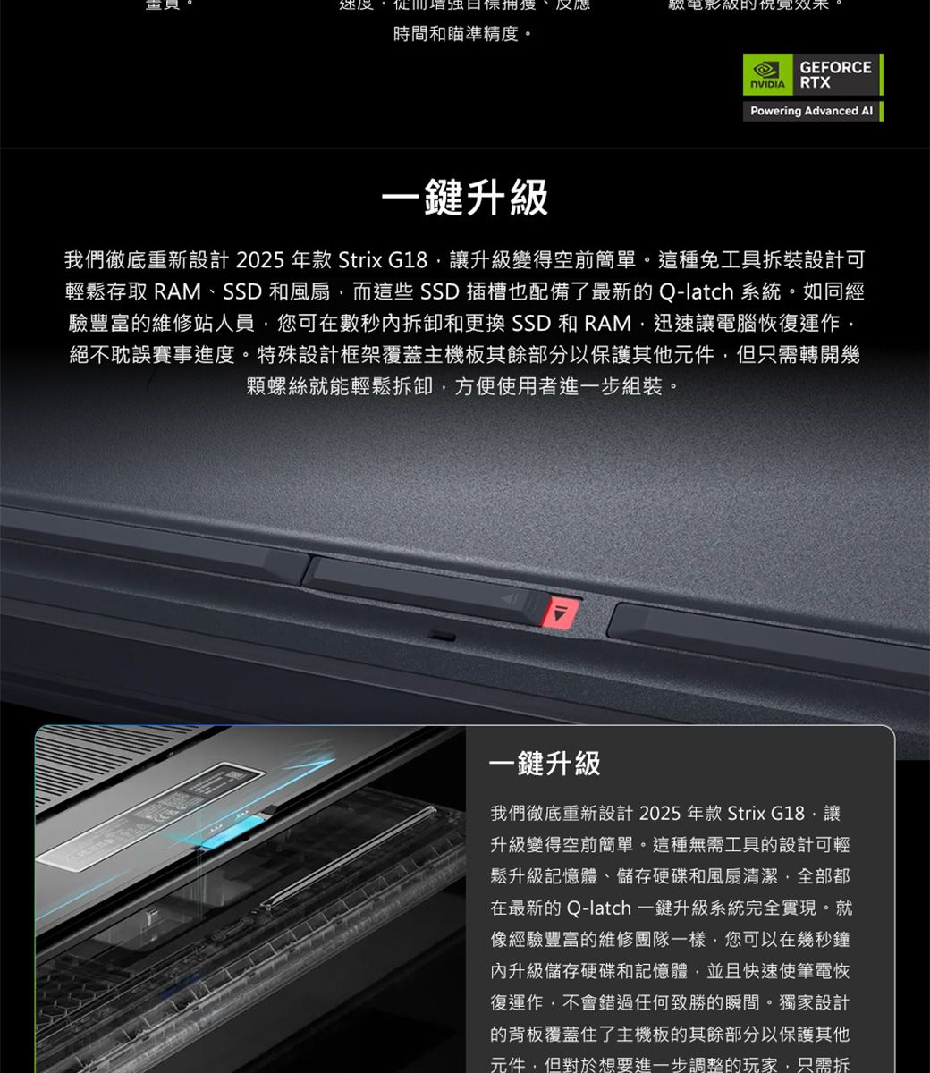迷度 反應時間和瞄準精度。GEFORCERTXPowering Advanced 一升級我們徹底重新設計 2025 年款 Strix G18讓升級變得空前簡單。這種免工具拆裝設計可輕鬆存取 RAM、SSD 和風扇而這些SSD 插槽也配備了最新的 Q-latch 系統。如同經驗豐富的維修站人員您可在數秒拆卸和更換 SSD 和 RAM迅速讓電腦恢復運作絕不耽誤賽事進度。特殊設計框架覆蓋主機板其餘部分以保護其他元件但只需轉開幾顆螺絲就能輕鬆拆卸方便使用者進一步組裝。一升級我們徹底重新設計 2025 年款 Strix G18讓升級變得空前簡單。這種無需工具的設計可輕鬆升級記憶體、儲存硬碟和風扇清潔全部都在最新的 Q-latch 一升級系統完全實現。就像經驗豐富的維修團隊一樣,您可以在幾秒鐘內升級儲存硬碟和記憶體,並且快速使筆電恢復運作,不會錯過任何致勝的瞬間。獨家設計的背板覆蓋住了主機板的其餘部分以保護其他元件,但對於想要進一步調整的玩家,只需拆