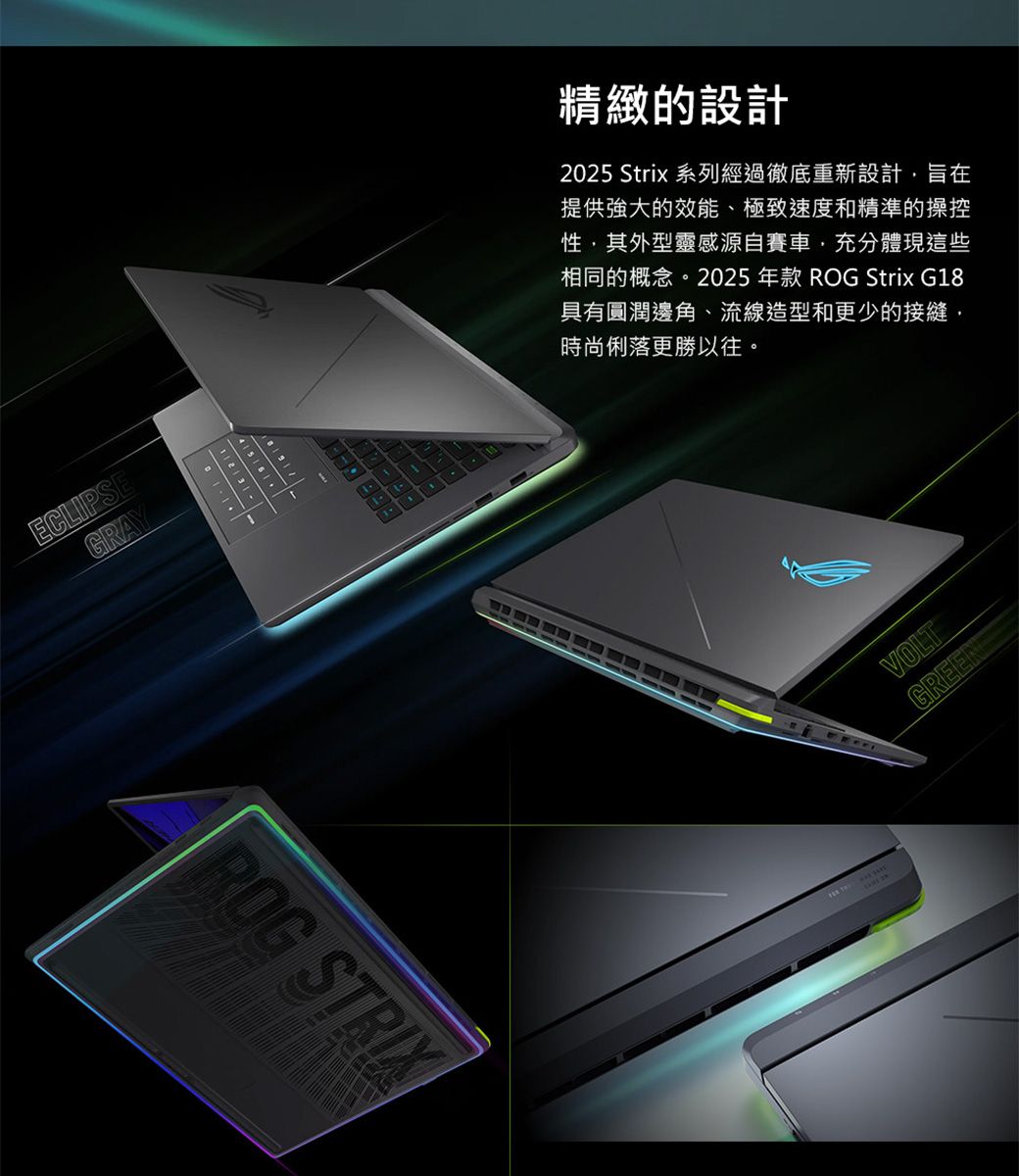 ECLIPSEROG STRIX精緻的設計2025 Strix 系列經過徹底重新設計旨在提供強大的效能、極致速度和精準的操控性,其外型靈感源自賽車,充分體現這些相同的概念。2025 年款 ROG Strix G18具有圓潤邊角、流線造型和更少的接縫,時尚俐落更勝以往。VOLTREE