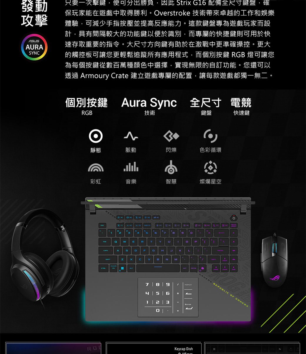 發動攻擊SAURASY只要一次擊鍵便可分出勝負,因此 Stri G1 配備全尺寸鍵盤,確保玩家能在遊戲中取得勝利。Overstrke 技術帶來卓越工作和娛樂體驗,可減少手指按壓並提高反應能力。這款鍵盤專為遊戲玩家而設計,具有間隔較大的功能鍵以便於識別,而專屬的快捷鍵則可用於快速存取重要的指令。大尺寸方向鍵有助於在激戰中更準確操控。更大的觸控板可讓您更輕鬆追蹤所有應用程式,而個別按鍵 RGB 燈可讓您為每個按鍵從數百萬種顏色中選擇,實現無限的自訂功能。您還可以透過 Armoury Crate 建立遊戲專屬的配置,讓每款遊戲都獨一無二。個別按鍵 Aura Sync 全尺寸 電競RGB技術鍵盤靜態脈動閃爍色彩循環彩虹音樂智慧燦爛星空RYUASHLxCNMA78456oKeycap DishP快速鍵 REPUBLIC