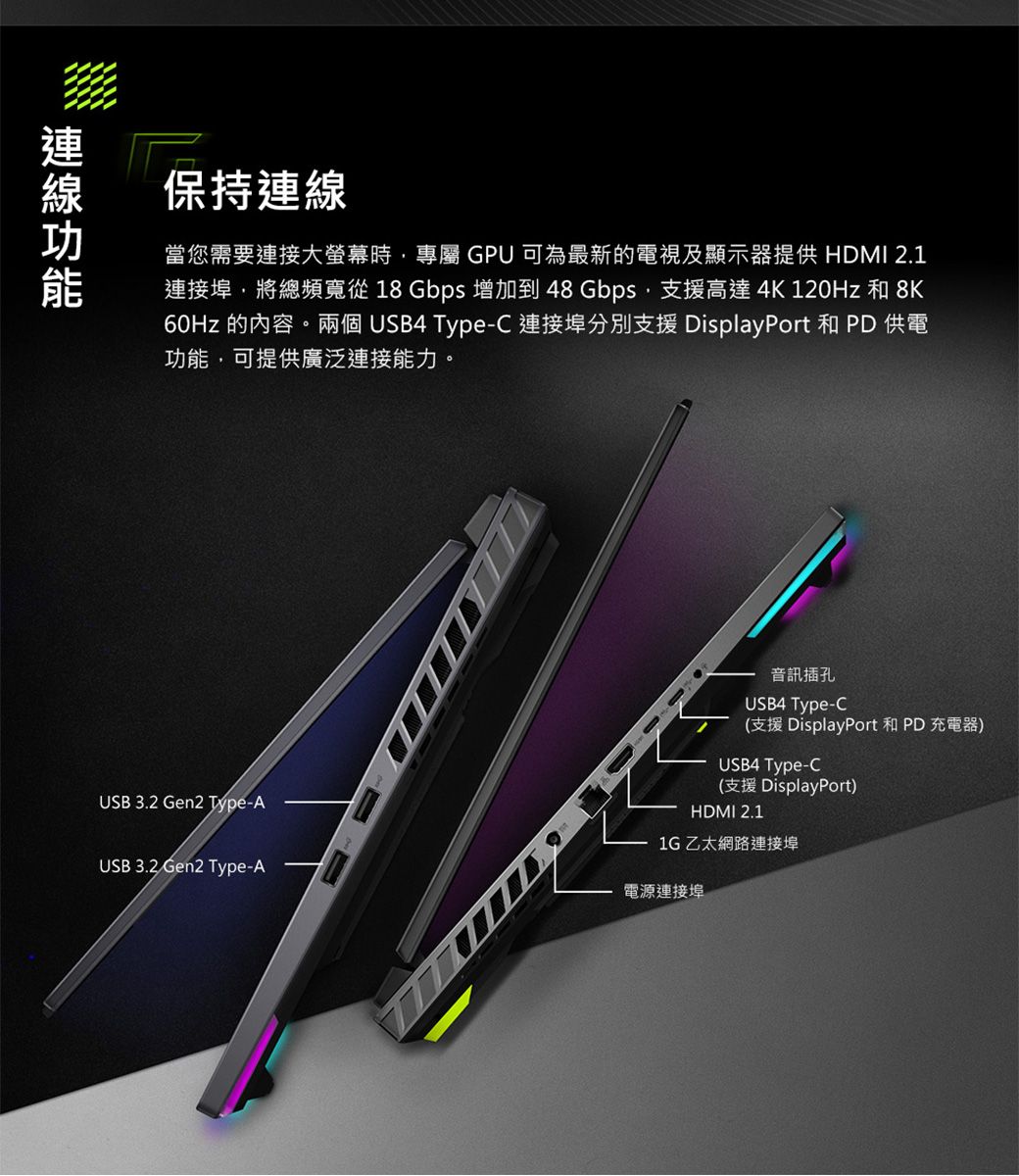 保持連線當您需要連接大螢幕時專屬 GPU 可為最新的電視及顯示器提供 HDMI 2.1連接埠將總頻寬從 18 Gbps 增加到48Gbps,支援高達 4K 120Hz 和 60Hz 的內容。兩個 USB4 Type-C 連接埠分別支援 DisplayPort 和 PD 供電功能,可提供廣泛連接能力。USB 3.2 Gen2 Type-AUSB 3.2 Gen2 Type-A音訊插孔USB4 Type-C(支援 DisplayPort 和 PD充電器)USB4 Type-C(支援 DisplayPort)HDMI 2.11G乙太網路連接埠電源連接埠