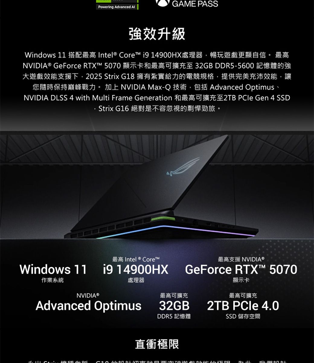 Powering Advanced GAME PASS強效升級Windows 11 搭配最高 Intel® Core  14900HX處理器,暢玩遊戲更顯自信。 最高NVIDIA® GeForce RTXT 5070 顯示卡和最高可擴充至32GB DDR5-5600 記憶體的強大遊戲效能支援下,2025 Strix G18 擁有紮實給力的電競規格,提供完美充沛效能,讓您隨時保持巔峰戰力。 加上 NVIDIA Max-Q 技術,包括 Advanced OptimusNVIDIA DLSS 4 with Multi Frame Generation 和最高可擴充至2TB  Gen 4 SSDStrix G16 絕對是不容忽視的剽悍勁旅。最高支援 NVIDIA®GeForce RTX™ 5070顯示卡最高可擴充2TB PCIe 4.0SSD 儲存空間最高 Intel ® Core™Windows 11 14900HX作業系統處理器NVIDIA®Advanced Optimus直衝極限最高可擴充32GBDDR5 記憶體